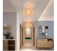 IDEGU 2pcs Plafonnier Vintage Industrielle Lustre en Bois et Rotin Cage Abat-jour Lampe de Plafond E27 Éclairage pour Entrée