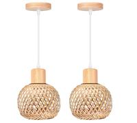 iDEGU 2pcs Rétro Suspension Luminaire en Bambou et Bois Vintage Lampe 13cm Mini Abat-jour à Boule Rotin Vintage Lustre Style Bohème