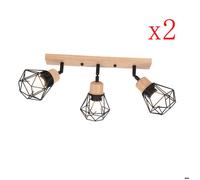 iDEGU 2x Plafonnier 3 Spots Industriel,Plafonnier Spot Vintage en Métal Abat-jour Design Cage avec Base Rectangulaire en Bois,Noir