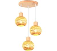 iDEGU 3 Lampes Lustre en Bambou et Bois Vintage Lampe 13cm Mini Abat-jour à Boule Rotin Vintage Suspension Luminaire Style Bohème E27 Luminaire Plafonnier Décor pour Salon Chambre Couloir Café (Rond)