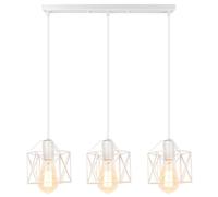 iDEGU 3 Lampes Suspension Luminaire Industriel Vintage en Métal Cage Lustre Plafonnier Abat-Jour Géométrique Design Luminaire E27 Lampe de Plafond avec Barre pour Chambre salle à manger Salon (Blanc)