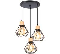 iDEGU 3 Lampes Suspension Luminaire Industrielle Métal Bois Lustre Plafonnier Style Cage Géométrique Éclairage E27 Lampe de Plafond Vintage pour Chambre Salon Cuisine, Noir, Ø 16cm (Cercle)
