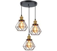 iDEGU 3 Lampes Suspension Luminaire Industrielle Métal Lustre Plafonnier Style Cage Géométrique Éclairage E27 Lampe de Plafond Vintage pour Chambre Salon Cuisine, Noir, Ø 16cm (Cercle, Douille Laiton)