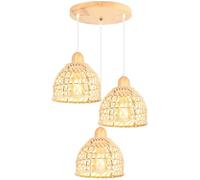 iDEGU 3 Lampes Suspension Luminaire Moderne Lustre Plafonnier en Bois et Bambou de Design Spirale Vintage E27 Éclairage Plafond Rétro Lustre Suspension Rotin pour Salon Chambre Salle à Mange (Cercle)