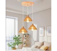 iDEGU 3lampes Lampes Suspensions Vintage,22cm Lampe de Plafond Abat-jour en Rotin et Bois Designe Chapeau Luminaire Vintage,Marron