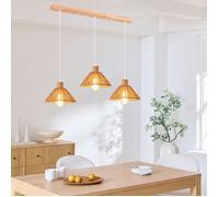 iDEGU 3lampes Lustre Industriel,22cm Lampe de Plafond en Rotin et Bois Vintage E27 Suspension Luminaire Rétro pour Salon Chambre