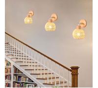 iDEGU 3pcs Lampe Murale Intérieur Industriel Applique Murale Vintage en Bois Rotin Blanc Plafonnier Rétro pour Salon Chambre