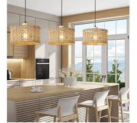 iDEGU 3pcs Lustre Industriel,Tissé Suspenison Luminaire Vintage en Rotin et Bois E27 Lampe Plafonnier Rétro Style Bohème pour Salon