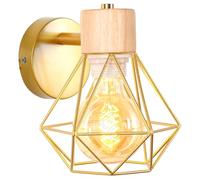 iDEGU Applique Murale Industrielle Design Cage Vintage Lampe Murale Interieur en Bois Métal Ajustable Luminaire E27 Plafonnier Lampe de Mur pour Chambre Couloir Salon (Style-B Doré Mat)