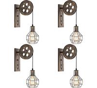 iDEGU Applique Murale Industrielle, Lampe Murale Vintage Style Poulie Rétro E27 Luminaire en Bois et Fer Lampe Supension pour Salon Restaurant Bar - Rouille Bronze (4 Pièces)