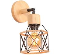 iDEGU Applique Murale Intérieure Industrielle 15cm Luminaire Plafonnier E27 en Bois Métal Design Cage avec Corde de Chanvre Réglable Lampe Murale Vintage pour Salon Cuisine Chambre (Noir, 1 Pièce)