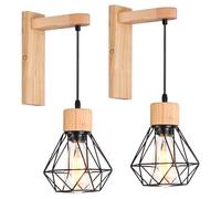iDEGU Lot de 2 Applique Murale Intérieure en Bois et Metal E27 Suspension Luminaire Industrielle Design Cage Noir Lampe Murale Vintage pour Chambre Salon Cuisine Couloir Restaurant Café Bar