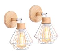 iDEGU Lot de 2 Appliques Murales Industrielles Design Cage en Métal et Bois Rétro Lampe Murale Ajustable Luminaire Plafonnier Vintage Applique Intérieure pour Chambre Salon Café, 16CM (Style-D Blanc)
