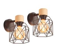 iDEGU Lot de 2 Appliques Murales Industrielles Design Cage en Métal Lampe Murale Bois Décoration Ajustable Vintage Luminaire Interieur pour Chambre Couloir Salon, 15CM (Noir)
