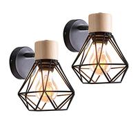 iDEGU Lot de 2 Appliques Murales Industrielles Design Cage en Métal Lampe Murale Bois Décoration Ajustable Vintage Luminaire Interieur pour Chambre Couloir Salon, 16CM (Style-B Noir)