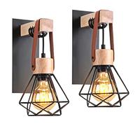 iDEGU Lot de 2 Appliques Murales Industrielles E27 Suspension Luminaire Vintage en Fer et Bois Rétro Cage Design Noir Ajustable Lampe Murale Interieur pour Salon Chambre Cuisine Couloir (2 Pack)