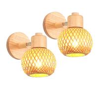 iDEGU Lot de 2 Appliques Murales Intérieures Bohème Réglable Lampe Murale en Bambou et Bois Rétro E27 Luminaire Abat-jour Rotin Applique Vintage pour Chambre Salon Couloir Restaurant (13cm)