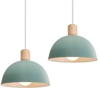 IDEGU Lot de 2 Lustre Suspension Rétro Suspension Luminaire Moderne Style Demi-Cercle Plafonnier E27 en Bois Métal Vert, Ø 20CM