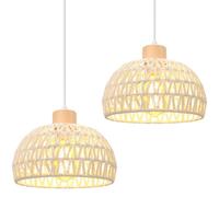iDEGU Lot de 2 Lustres Suspensions Rétro Ø 25CM Suspension Luminaire Vintage Style Demi-Cercle Plafonnier E27 en Bois et Rotin Lampe Suspension pour Salon Chambre Salle à Manger Cuisine Café (Blanc)