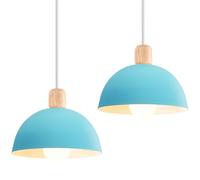 iDEGU Lot de 2 Lustres Suspensions Rétro Suspension Luminaire Moderne Style Demi-Cercle Plafonnier E27 en Bois Métal Lampe Suspension pour Chambre Salle à Manger Cuisine, Ø 20CM (2 Pack Bleu)