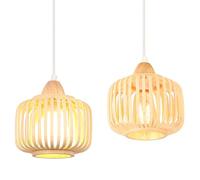 iDEGU Lot de 2 Lustres Suspensions Rétro Suspension Luminaire Vintage Style Scandinave Plafonnier en Bambou et Bois E27 Lampe Suspension pour Chambre Salle à Manger Cuisine Café Bar (Ø 18CM)