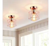 iDEGU Lot de 2 Plafonnier Industrielle en Métal Cage Carré, 15CM Lustre Abat-jour Fer Luminaire E27 40W Lampe de Plafond pour Salon Chambre Bar, Or Rose (Hexagone)