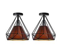 iDEGU Lot de 2 Plafonnier Industrielle en Métal Vintage Lampe de Plafond Abat-jour Noir en Forme de Diamant avec Tissu Rétro Suspension Cage Luminaire E27 pour Chambre Salon Restaurant, 25CM, Marron