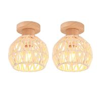 iDEGU Lot de 2 Plafonnier Vintage E27 Lustre en Bois et Rotin 16cm Abat-jour Lampe de Plafond Style Bohème LED Éclairage Décoration Rétro Luminaire Plafonnier pour Chambre Couloir Entrée (Rotin Blanc)
