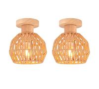 iDEGU Lot de 2 Plafonnier Vintage E27 Lustre en Bois Rotin 16cm Abat-jour Lampe de Plafond Style Bohème LED Éclairage Décoration Rétro Luminaire Plafonnier pour Chambre Couloir Entrée (Rotin Marron)