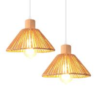 iDEGU Lot de 2 Suspensions Luminaires en Rotin et Bois Vintage Plafonnier Abat-jour Tissage Rétro Lustre Style Bohème E27 Lampe de Plafond pour Chambre Salon Cuisine Café Restaurant (22CM, Marron)