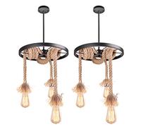 iDEGU Lot de 2 Suspensions Luminaires Industrielle, 3 Lumières Plafonnier Vintage Lustre Abat-jour Design Roue en Métal et Corde de Chanvre Suspension pour Salon Hall Restaurant Bar Café, Noir, Ø35cm