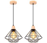 iDEGU Lot de 2 Suspensions Luminaires Industrielles, 22CM Vintage Lustre Suspension en Bois et Fer Rétro Plafonnier Design Cage Noir E27 Lampe de Plafond pour Salle à Manger Salon Chambre Cuisine