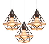 iDEGU Lot de 3 Suspension Luminaire Industrielle 16cm Noir Lustre Plafonnier Vintage Lampe Abat-jour Cage Diamant en Métal et Corde de Chanvre E27 Éclairage Plafond pour Salle à Manger Salon Cuisine