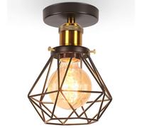 iDEGU Lustre Plafonnier Industriel Métal Suspension Luminaire Style Cage Géométrique E27 Mini Lampe de Plafond Vintage pour Couloir Entrée Chambre Salon, Noir, Ø 16cm (Plafond, Douille Laiton)