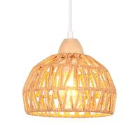 iDEGU Lustre Suspension Rétro Suspension Luminaire Vintage Style Demi-Cercle Plafonnier E27 en Bois et Rotin Lampe Suspension pour Chambre Salle à Manger Cuisine Café Bar, Ø 20CM (Brun)