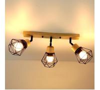 iDEGU Plafonnier 3 Spots Industriel,Plafonnier Spot Vintage en Bois et Métal Abat-jour Design Cage avec Base Rectangulaire en Bois