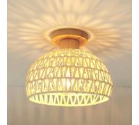 iDEGU Plafonnier Vintage Industrielle 25CM Lustre en Bois et Rotin Cage Abat-jour Lampe de Plafond E27 Éclairage Décoration Suspension Luminaire pour Chambre Entrée Couloir Restaurent (Blanc Crème)