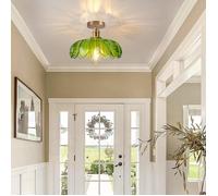 iDEGU Plafonnier Vintage,Lampe de Plafond Moderne Abat-jour en Verre Design Fleurs Vert E27 Lustre Style Nordique pour Salon