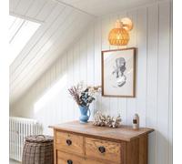 iDEGU Rétro Applique Murale Industriel E27 Lampe Plafonnier en Bois Rotin Brun Abat-jour Design Sphérique Vintage pour Salon
