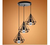 iDEGU Suspension Industrielle de disque de 3 Luminaire, Lustre Abat-Jour Cage forme Diamant Métal E27, Noir