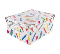 Idena 20225 - Boîte de Rangement avec Couvercle, Motif école, env. 35 x 28 x 17 cm, Panier de Rangement en Carton Rigide avec Bords renforcés en métal, Panneau d'inscription Inclus