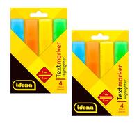 Idena 90259 - Surligneur, 2 paquets de 4 pièces, dans les couleurs jaune fluo, orange fluo, bleu fluo et vert fluo, pointe biseautée avec largeur de trait 1-5 mm