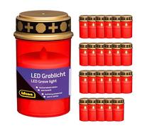 Idena 90394 - Bougies funéraires LED avec Couvercle, 24 pièces de 6,5 x 12 cm chacune, Bougies funéraires en Plastique Rouge et Or, Bougies funéraires à Piles pour l'extérieur