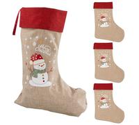 Idena 90475 - Chaussettes de Noël env. 31 x 46 cm, 4 pièces, Chaussettes en Tissu Rouge et Marron avec Motif Bonhomme de Neige et Inscription Merry Christmas, Chaussette avec Boucle Rouge