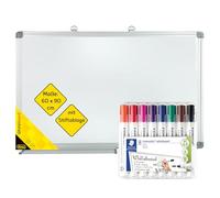 Idena 90880 - Tableau blanc avec plumier, env. 90 x 60 cm, y compris 8 marqueurs pour tableaux blancs STAEDTLER Lumocolor à pointe ogive, largeur de ligne env. 2 mm