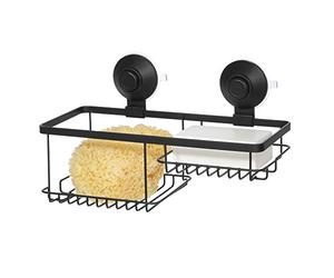 iDesign Corbeille de Douche sans Perçage, Panier de Douche en Métal à 2 Compartiments avec Technologie Push-Lock, Panier de Salle de Bain avec Crochets pour Rasoirs, Noir Mat