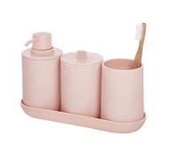 iDesign, Set de Rangement, Accessoire Salle de Bain (4 articles) avec Distributeur Savon, Verre à Dents, Rangement Coton et Tablette en Plastique, Organiseur Salle de Bain, Rose