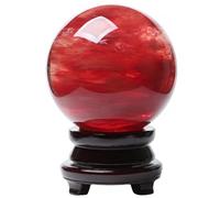 IDGTTLDF Home Decoration Red Crystal Ball Melting Quartz Sphere with Wood Stand Office FengShui Stone,11cm/4.3in