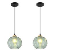 IDHBGJD Lighting Lot de 2 luminaires Suspendus en Verre nervuré Vert, Grand Globe Moderne, 1 lumière, luminaire Suspendu Noir Simple, pour îlot de Cuisine, Lot de 2 lustres Verts Vintage