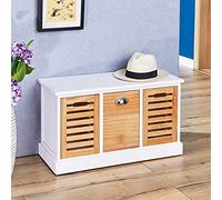 Banc de rangement TRIENT meuble bas coffre et 3 caisses de rangement, en MDF et bois de paulownia blanc/naturel